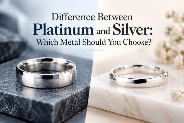 Difference between silver and platinum rings, showcasing their colour, shine, and appearance on contrasting marble surfaces.