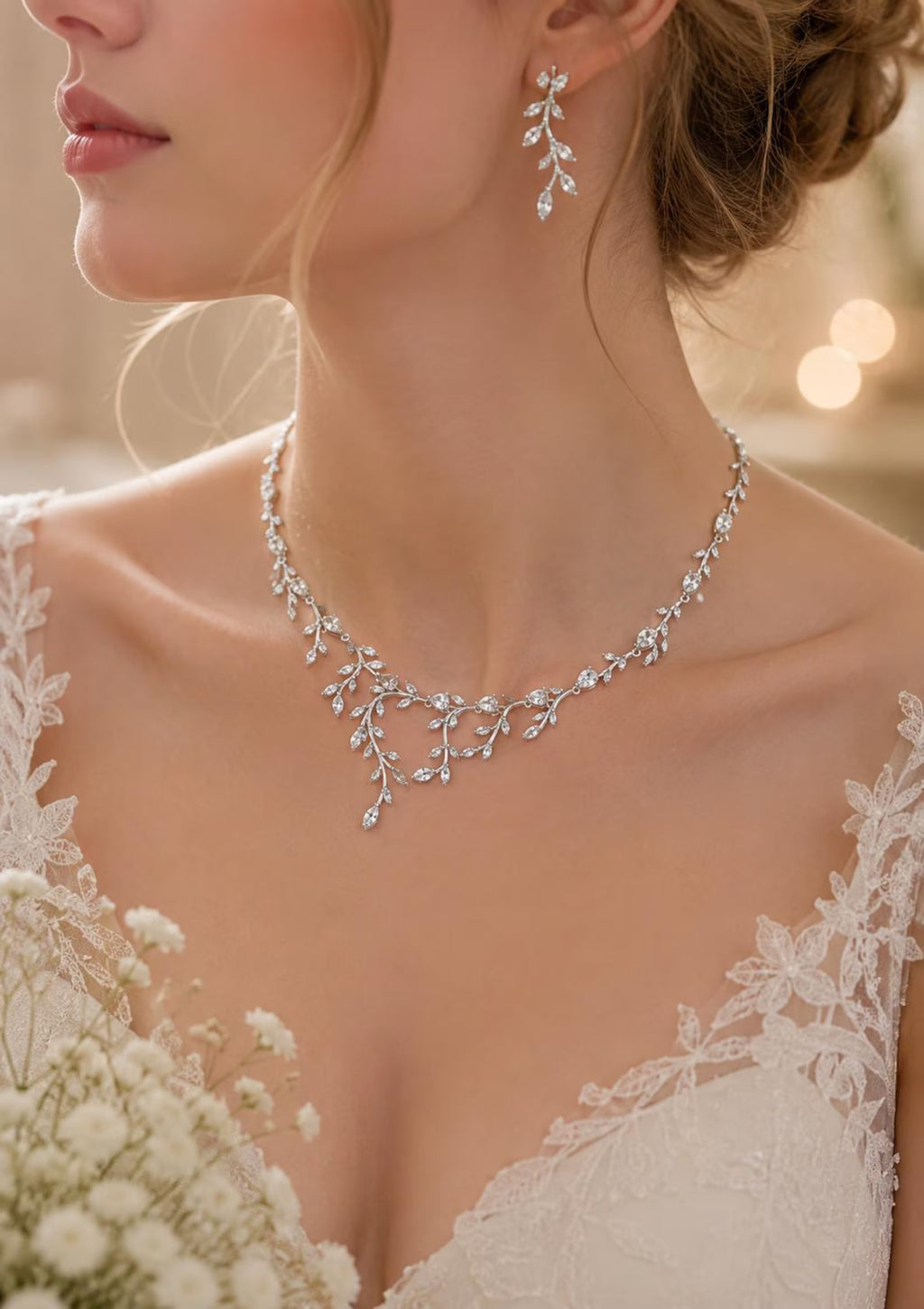 Marquise Leaf Vine Wedding Necklace & Earrings Set For Women