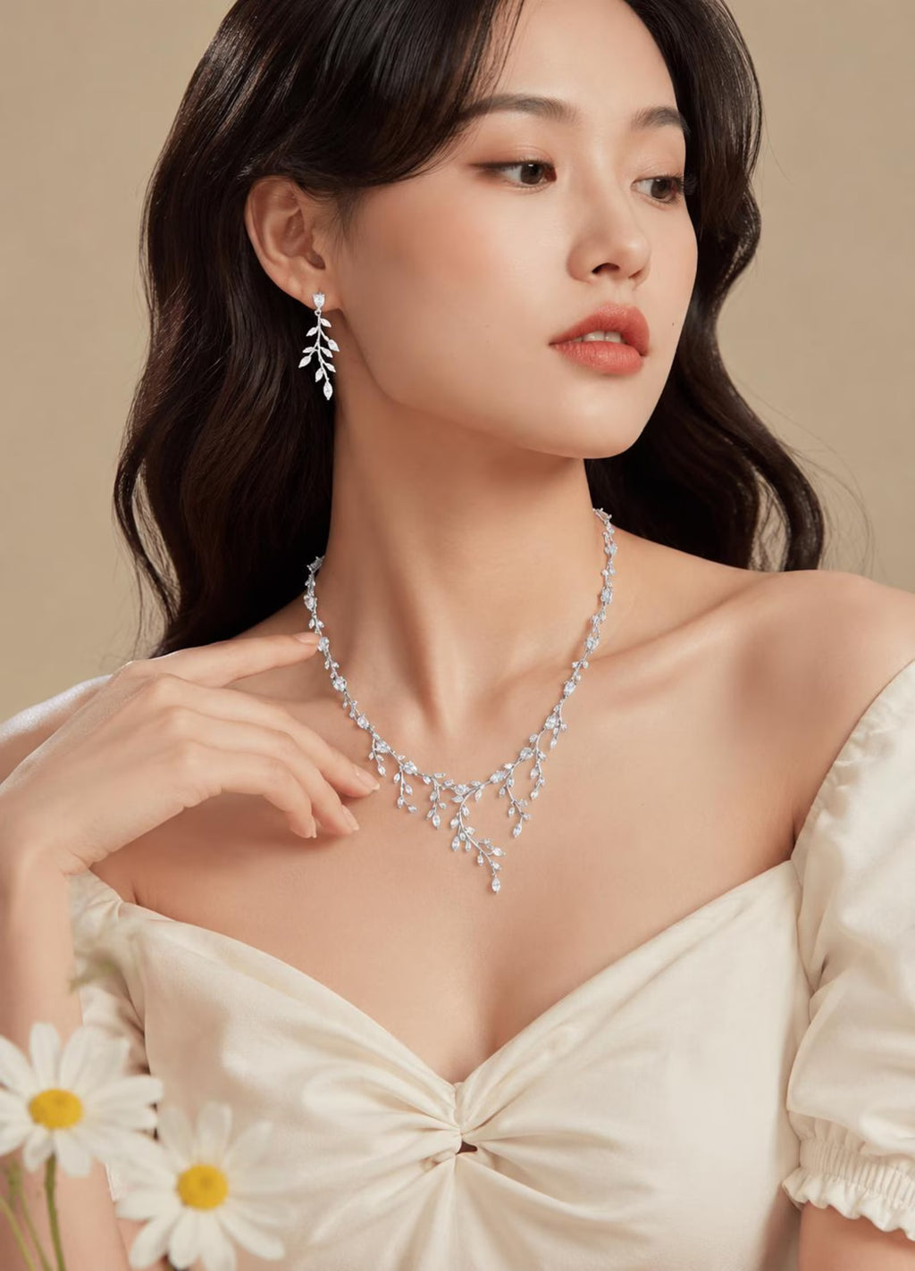 Marquise Leaf Vine Wedding Necklace & Earrings Set For Women